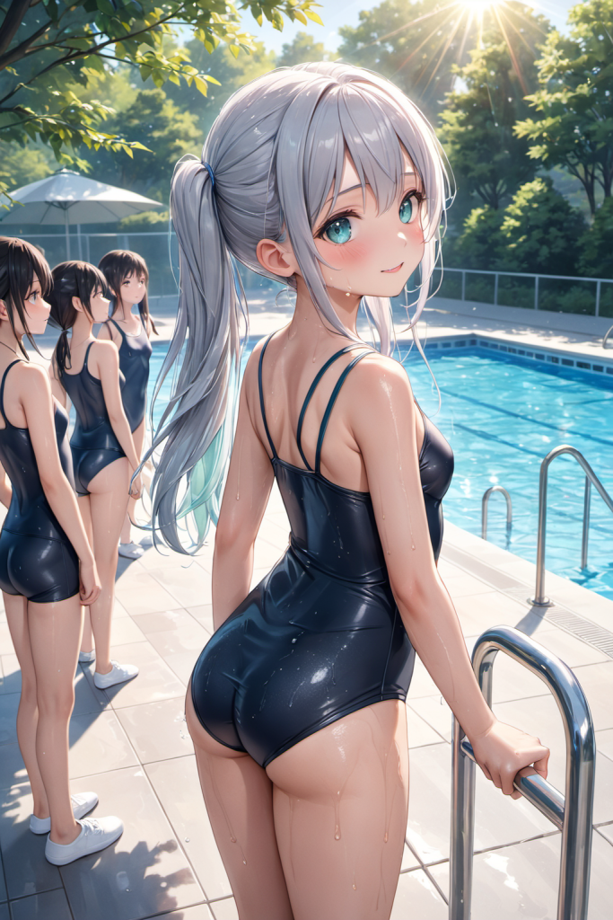 AIイラストによる、スタンダードなスクール水着の前後全身像。屋外プールの光の下での生地の質感を再現した、プロンプト検証資料。