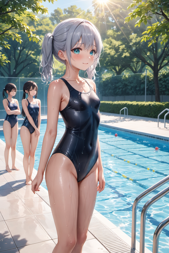 AIイラストで描かれた、ネイビーのスクール水着スタイル。銀髪のキャラクターによる、特定の衣装デザインの再現性をアーカイブした技術資料。