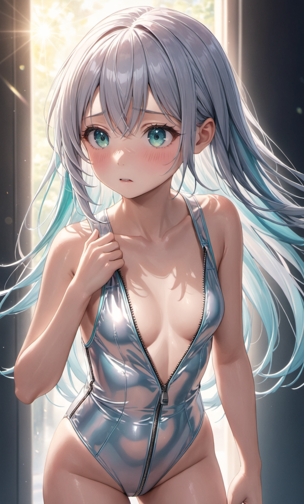 AIイラストで描かれた、フロントジッパーが特徴的なスポーティーなワンピース水着を着用した「さみさん」。ファスナーのディテール再現を目的とした衣装デザインの技術資料。