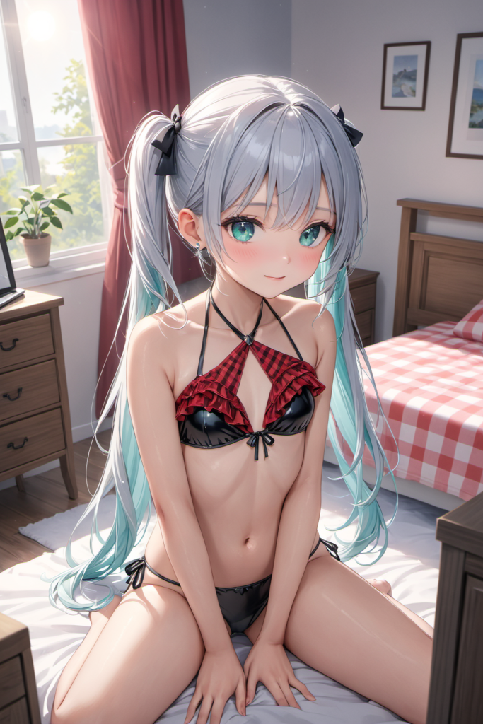 AIイラストで描かれた、赤と黒のギンガムチェック柄フリルビキニを着用した「さみさん」。クロスホルターのデザインと生地の質感を検証した技術資料。