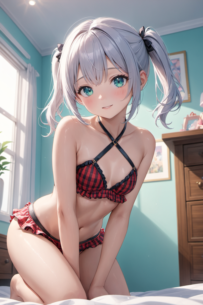 AIイラストによる、クロスホルター形式のギンガムチェック柄ビキニ。フリルのディテールとポーズに伴う衣装の形状変化を確認するためのプロンプト検証資料。