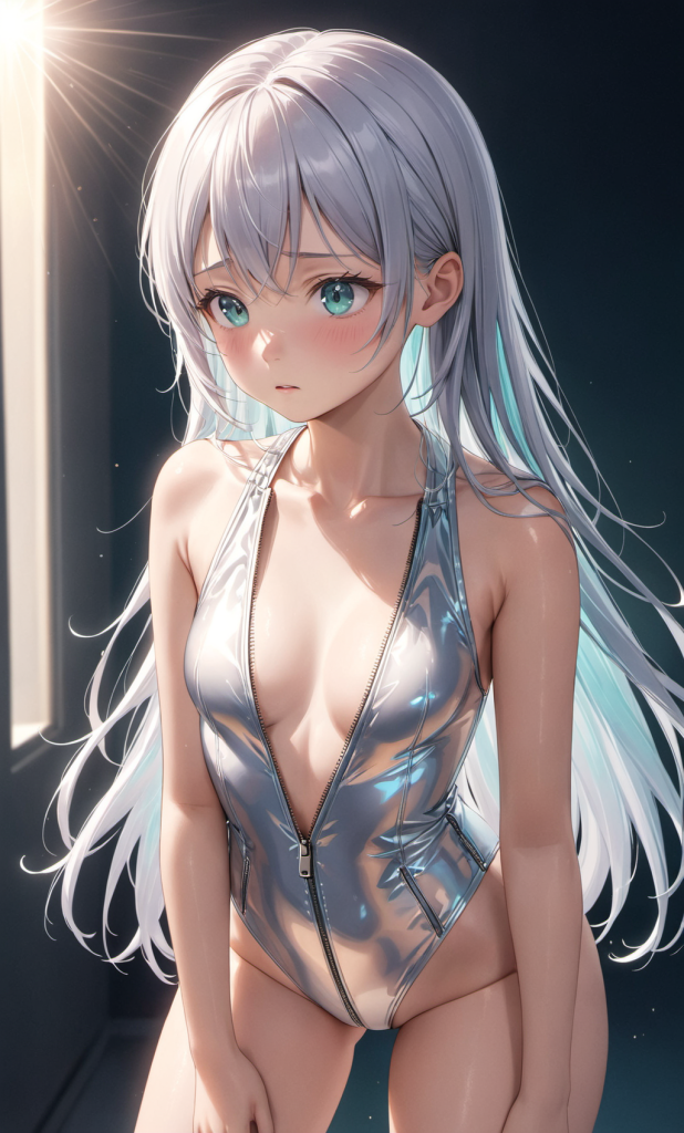 AIイラストによる、黒地に白いラインが入ったフロントジッパー水着の前後全身像。機能美のあるデザインと生地の質感を再現した、プロンプト検証資料。