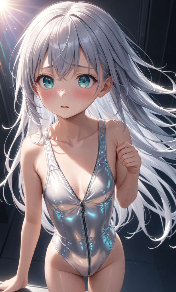 AIイラストで描かれた、フロントジッパーの開閉状態による形状変化を検証した水着スタイル。銀髪のキャラクターによる、実用的な水着デザインの形状リファレンス。