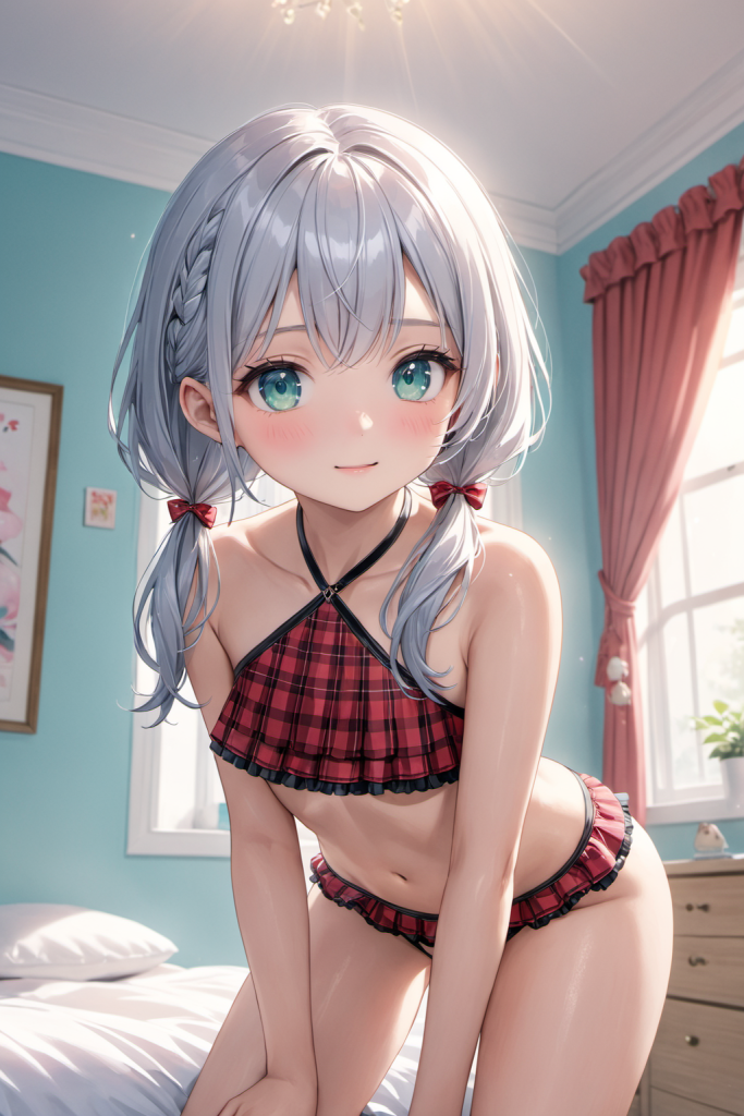 AIイラストで描かれた、赤と黒のコントラストが際立つクロスホルター水着。銀髪のキャラクターによる、特定の水着デザインを再現するための形状リファレンス。