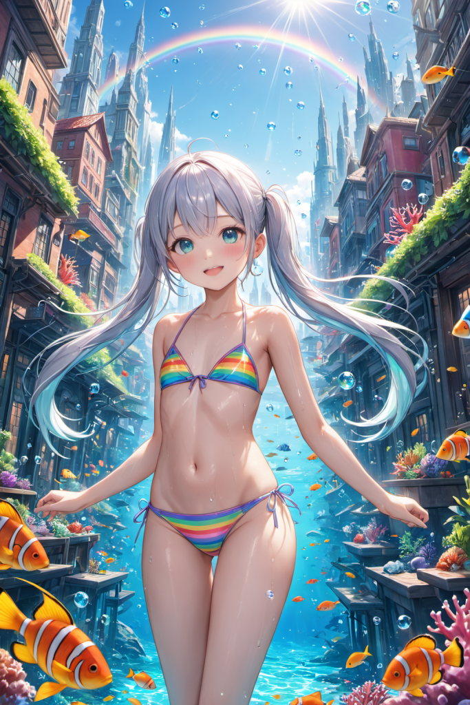 AIイラストで描かれた、虹色のボーダー柄ビキニを着用した「さみさん」。幻想的なファンタジー世界の背景と衣装の色彩の調和を追求した技術資料。