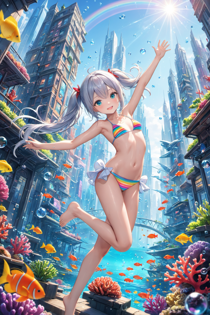 AIイラストによる、鮮やかなレインボーカラーのボーダービキニの前後全身像。複雑なマルチカラーの配色再現を確認するためのプロンプト検証資料。