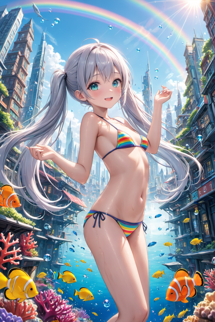 AIイラストで描かれた、スポーティーで華やかな虹色ストライプの水着スタイル。銀髪のキャラクターによる、衣装デザインの形状リファレンスと質感アーカイブ。