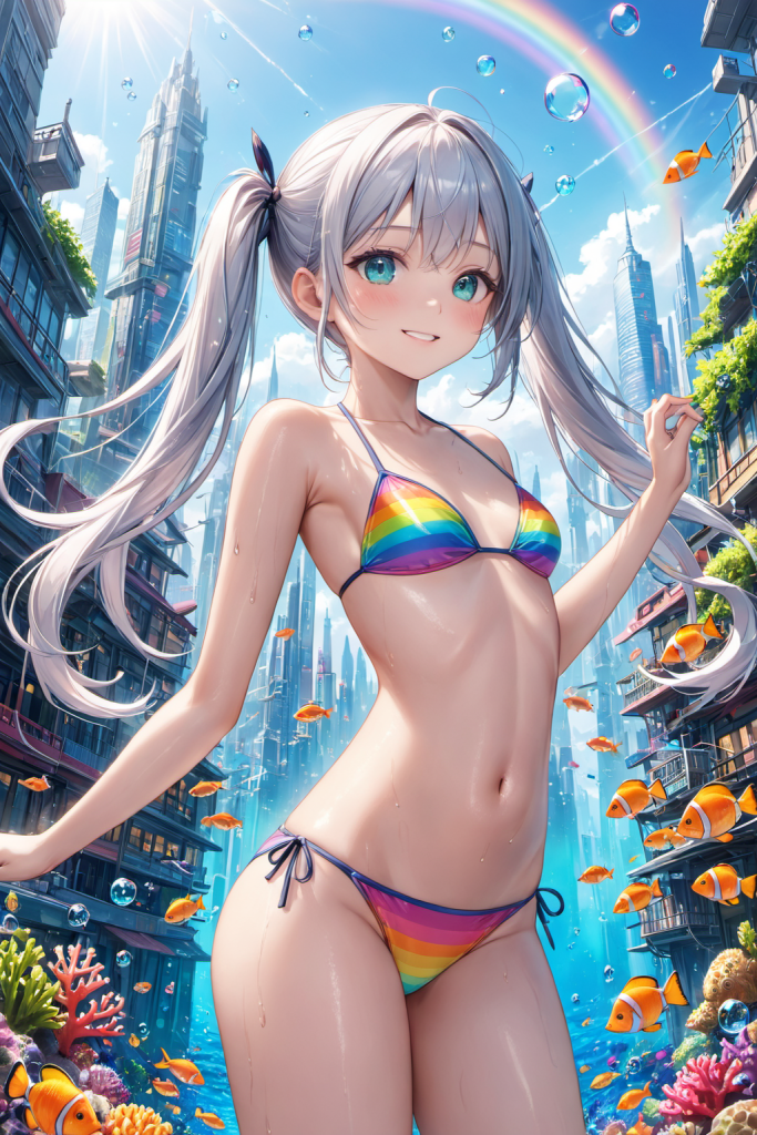 AIイラストによる、鮮やかな虹色ボーダービキニを着用した「さみさん」。複雑なマルチカラーの配色とファンタジー背景の整合性をアーカイブした、プロンプト構成案の技術資料。