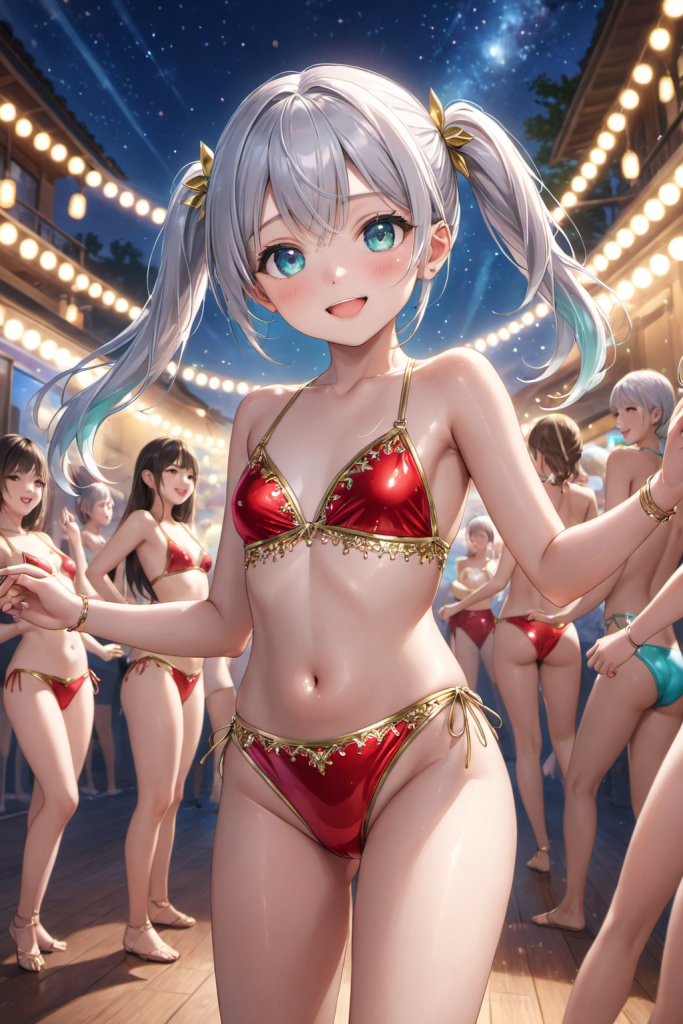 AIイラストで描かれた、エキゾチックな踊り子風の赤いメタリックビキニ。銀髪のキャラクターによる、複雑な質感とアクセサリーの再現リファレンス。