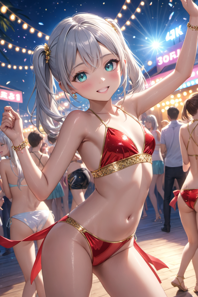 AIイラストによる、メタリックな赤と金の装飾が特徴的なダンサースタイル水着の前後全身像。特定の衣装テーマを再現するためのプロンプト検証資料。