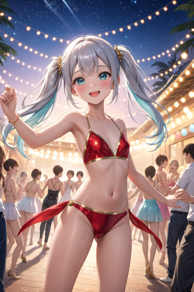 AIイラストで描かれた、赤いメタリックな踊り子風水着を着用した「さみさん」。夜のダンスパーティをイメージした、衣装デザインと光沢表現の技術資料。