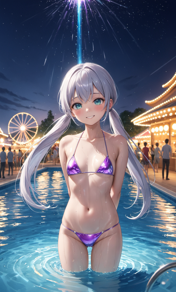 AIイラストで描かれた、メタリックな光沢感を持つ紫のビキニスタイル。銀髪のキャラクターによる、複雑な質感表現をアーカイブした形状リファレンス。