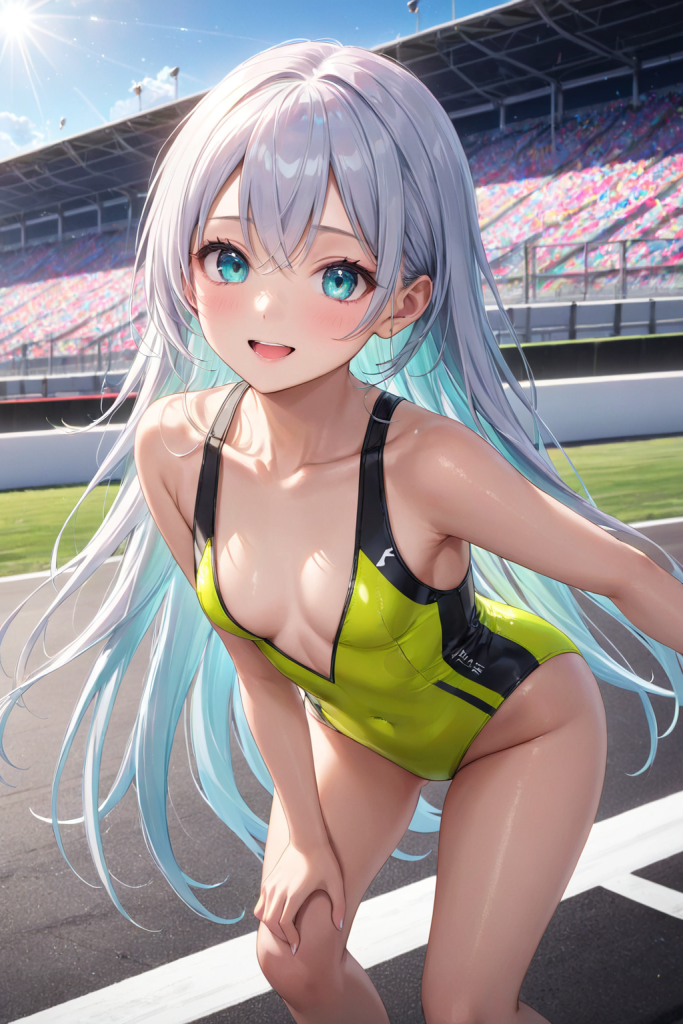 AIイラストで描かれた、サイドのカットアウトが特徴的なレースクイーン風水着。銀髪のキャラクターによる、複雑な形状の衣装再現を目的とした形状リファレンス