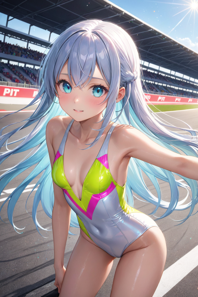 AIイラストによる、ピットガールスタイルを取り入れた黒いプランジ水着の前後全身像。レース会場の雰囲気を再現した、ファッションデザインのプロンプト検証資料。