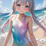 グラデーションカラーのスクール水着でビーチのお散歩