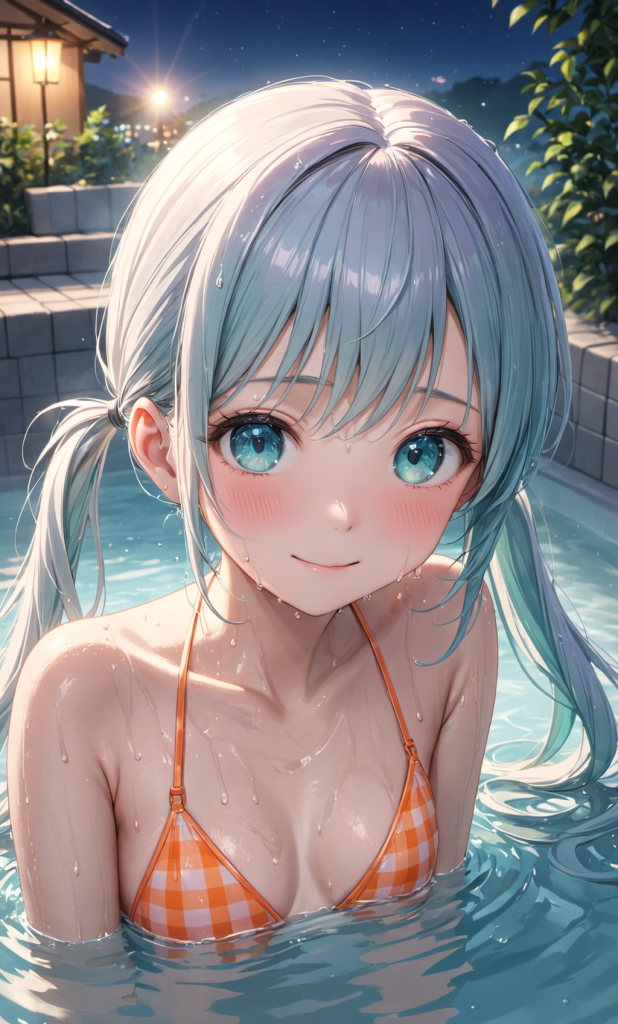 AIイラストで描かれた、オレンジ色のギンガムチェック柄ビキニを着用した「さみさん」。夜の露天風呂での入浴シーンをイメージした、水着デザインの技術資料。