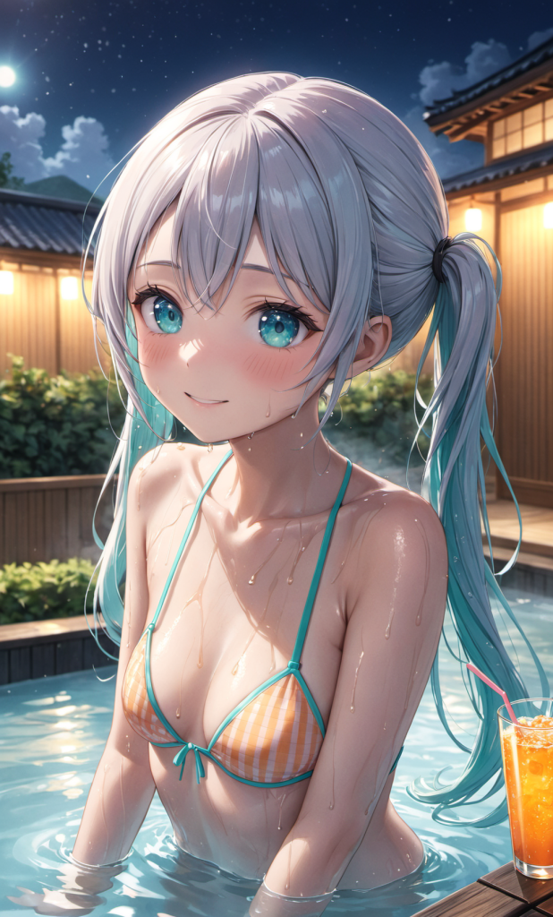 AIイラストによる、スポーティーで可愛らしいオレンジのギンガムチェック柄水着。複雑なテクスチャ再現を目的とした、水着デザインのプロンプト構成案アーカイブ。