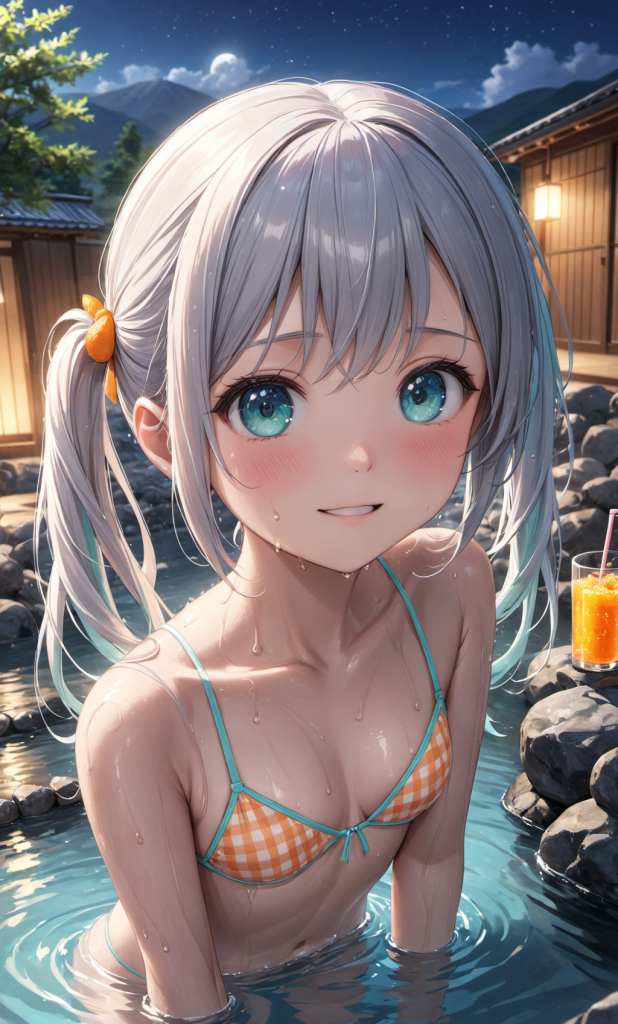 AIイラストで描かれた、オレンジのビキニとオレンジジュースの色彩の調和。夜景と温浴施設を背景にした、衣装デザインの形状リファレンスとアーカイブ。