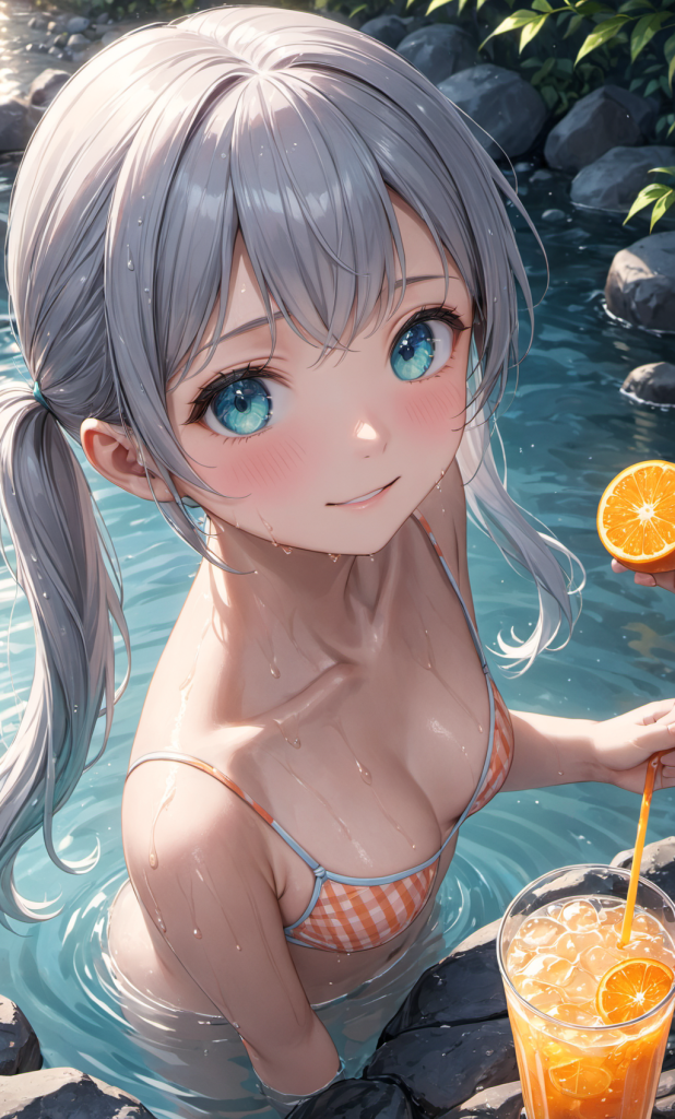 AIイラストによる、夜の露天風呂でリラックスするオレンジ色のギンガムチェックビキニスタイル。水辺でのライティングと衣装の色彩を再現した、プロンプト検証資料。