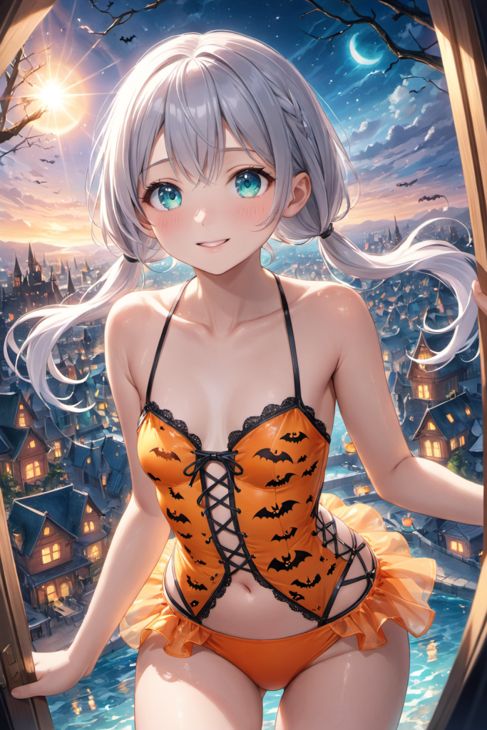 AIイラストで描かれた、オレンジのハロウィン柄おしゃれデザイン水着。ファンタジーな世界観の背景に馴染む、衣装とシチュエーションの整合性を研究したリファレンス。