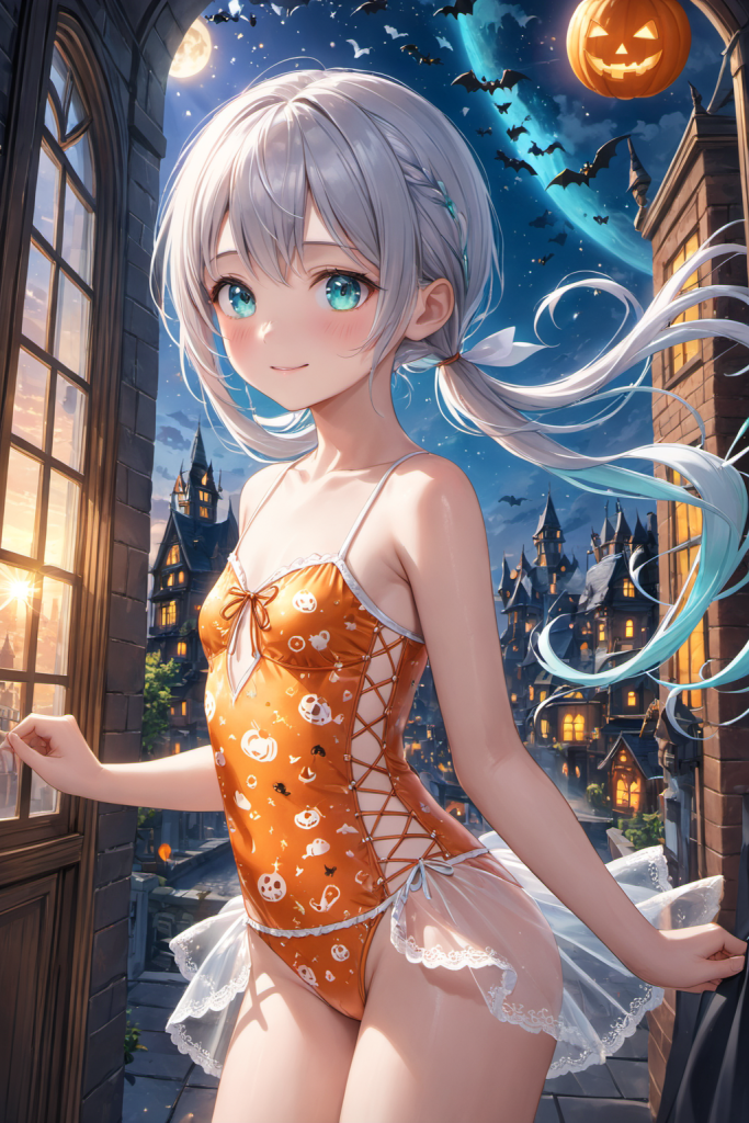 AIイラストによる、ジャック・オー・ランタン等の模様が施されたハロウィン風デザイン水着の前後全身像。複雑なテクスチャ再現を目的としたプロンプト検証資料。