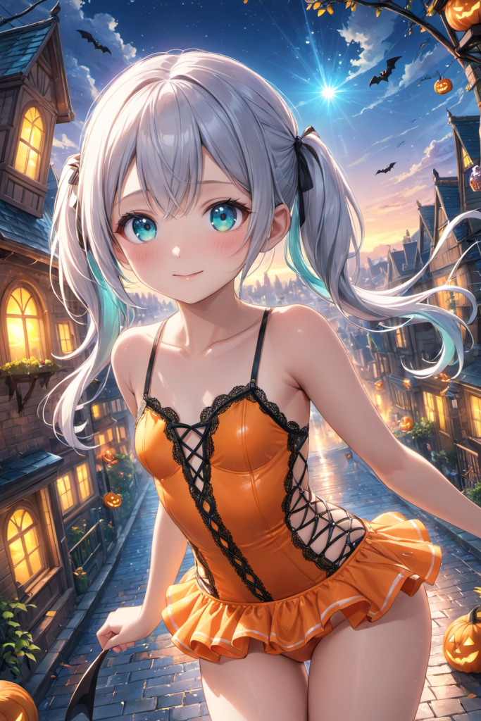 AIイラストで描かれた、オレンジ色のハロウィン柄水着を着用した「さみさん」。サイドのレースアップとカットアウトが特徴的な、季節感のある衣装デザインの技術資料。