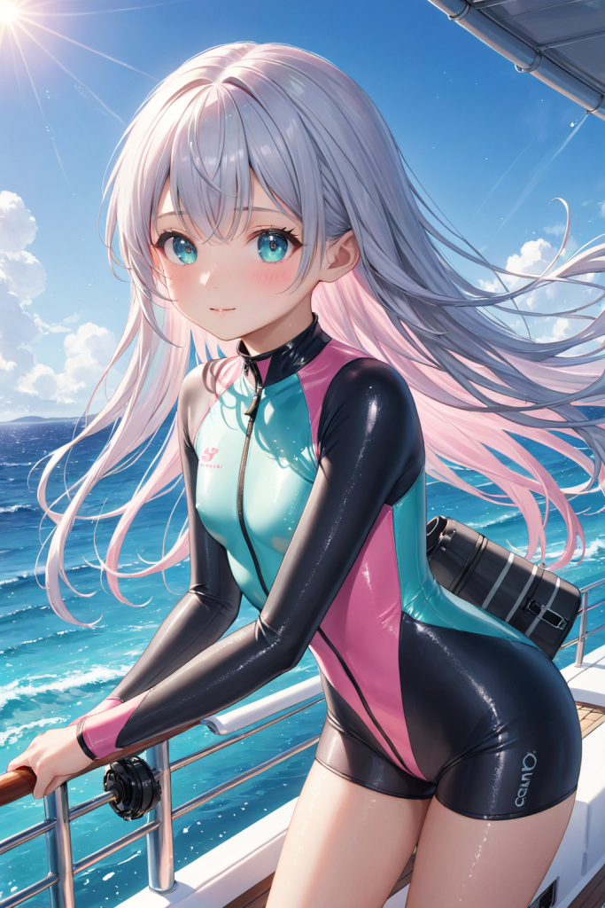 AIイラストによる、タイトなシルエットのダイビングスーツ（ウェットスーツ）の前後全身像。海辺のロケーションにおける衣装の質感を再現した、プロンプト検証資料。