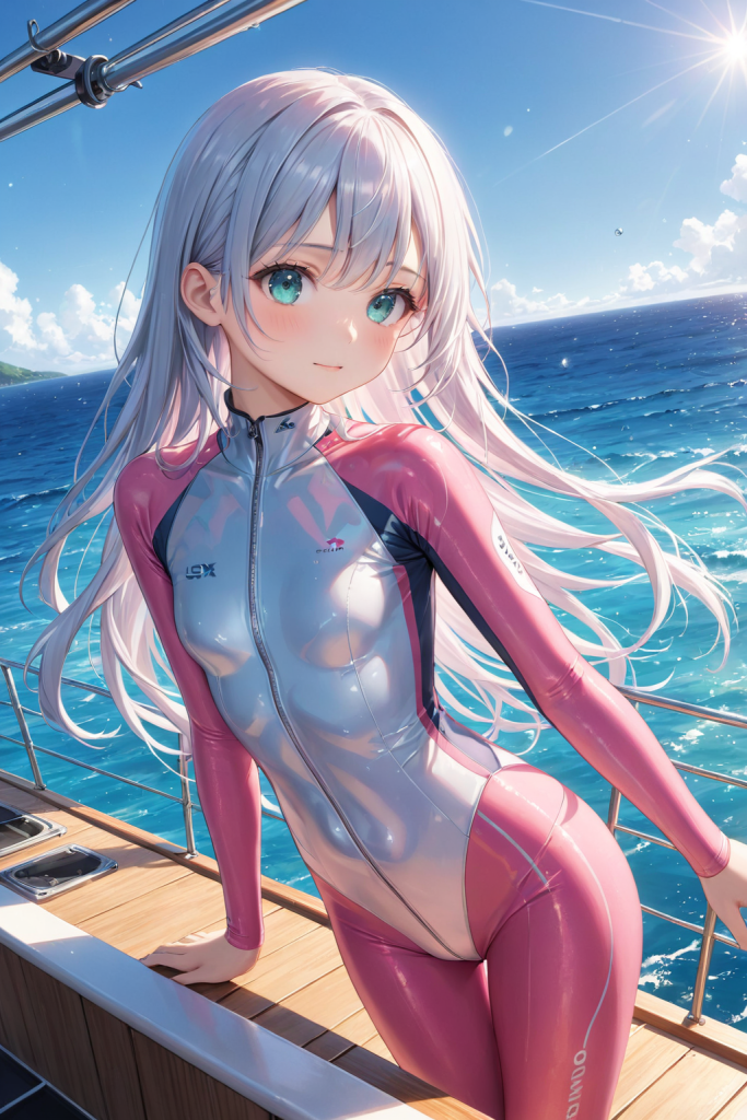 AIイラストによる、船上でのダイビングシーンを想定したウェットスーツの構成案。複雑な衣装デザインの再現性をアーカイブした、クリエイター向け技術資料。