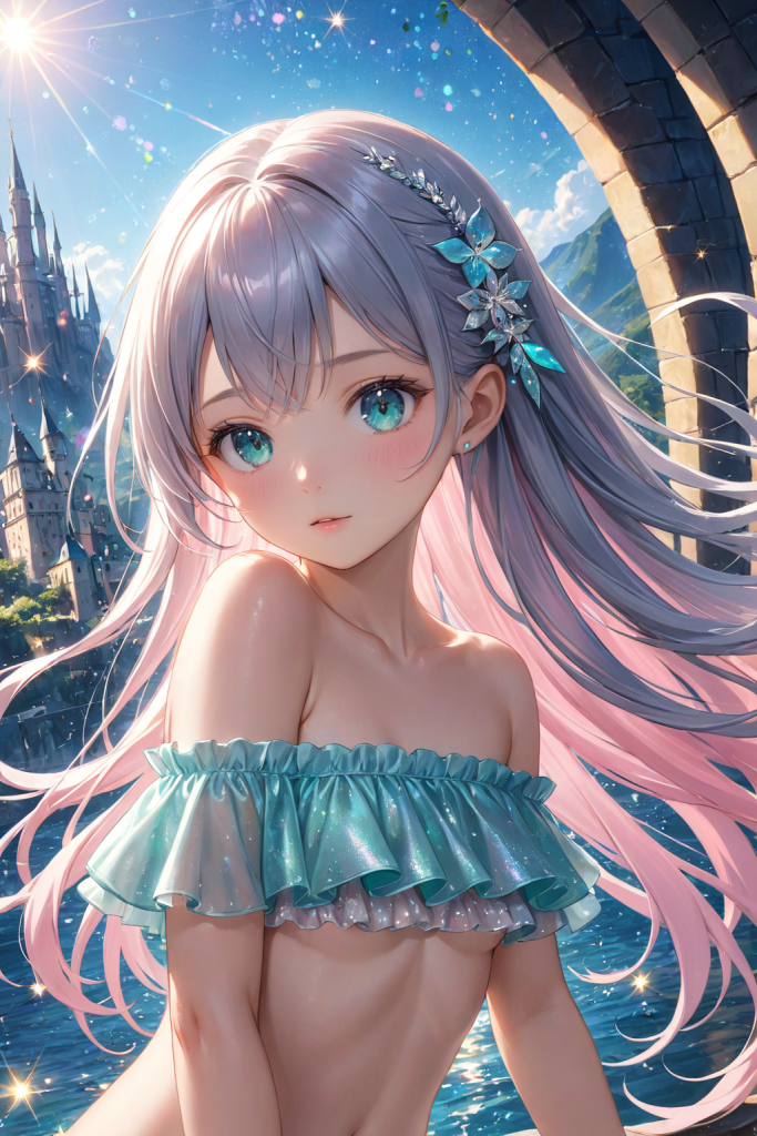 AIイラストで描かれた、水色のオフショルダービキニを着用した「さみさん」。海辺とファンタジーな背景を組み合わせた、水着デザインの技術資料。