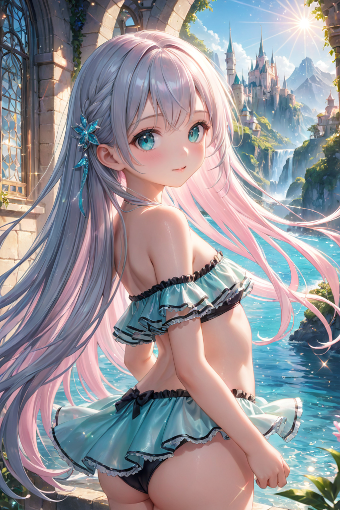 AIイラストによる、フリルとシースルー素材が特徴的なライトブルーのオフショルダービキニ。繊細な生地の質感を再現した、ビーチファッションのプロンプト検証資料。