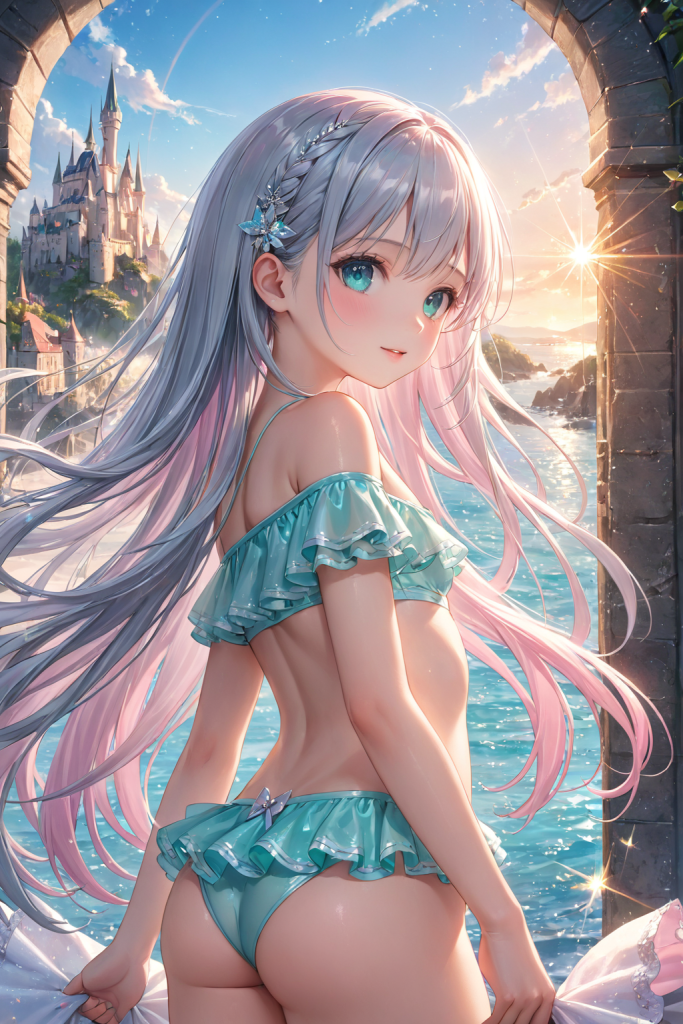 AIイラストで描かれた、フェミニンで可愛らしいオフショルダー水着の前後全身像。銀髪のキャラクターによる、衣装デザインの形状リファレンス。