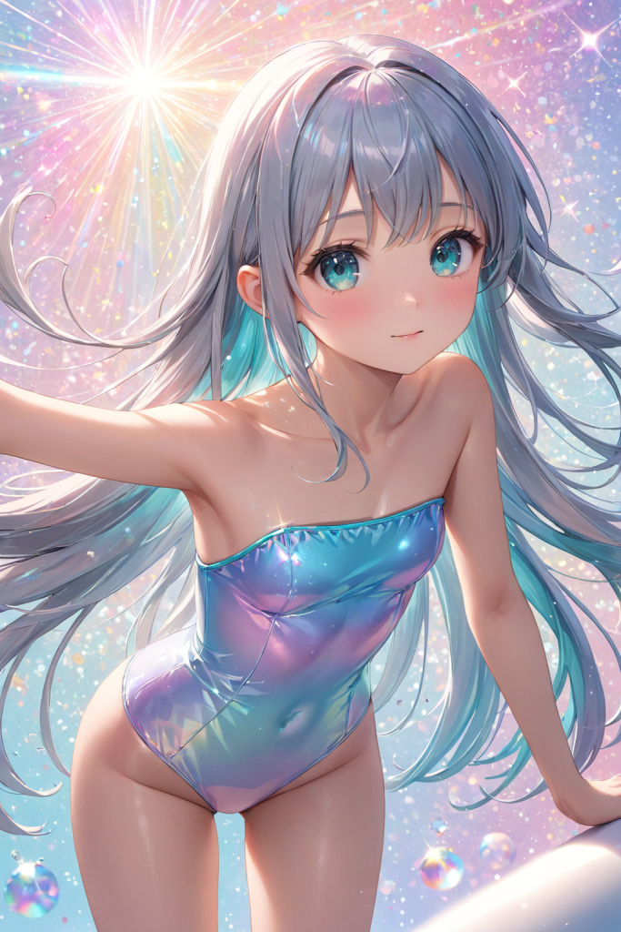 AIイラストによる、スポーティーでシンプルな青いチューブトップ水着の前後全身像。肩紐のないデザインの再現性を確認するためのプロンプト検証資料。