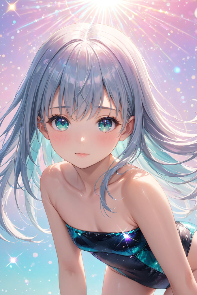 AIイラストで描かれた、青いチューブトップ水着を着用した「さみさん」。前屈みのポーズにおける水着の形状維持を検証した技術資料。