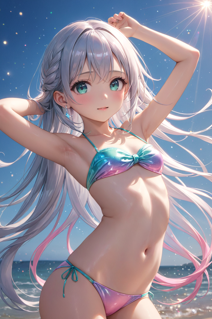 AIイラストによる、胸元のツイストデザインが特徴的なグラデーションビキニ。ピンクとブルーの色彩変化と光の反射を表現した、ビーチファッションのプロンプト検証資料。