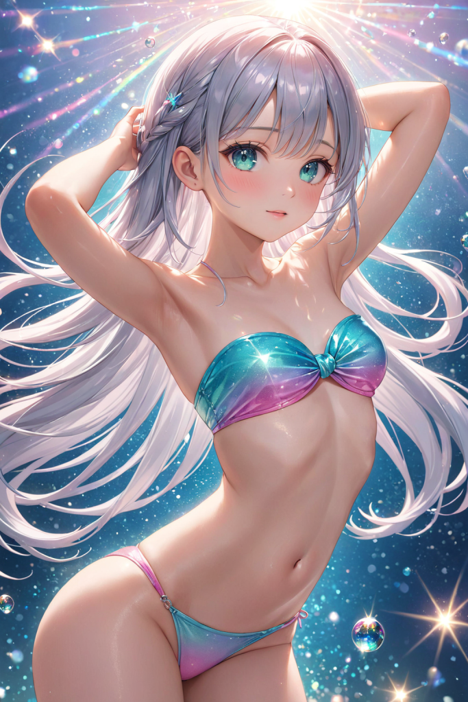 AIイラストで描かれた、ピンクと水色のグラデーションが美しいツイストバンドゥビキニを着用した「さみさん」。光沢感のある生地の質感を追求した水着デザインの技術資料。