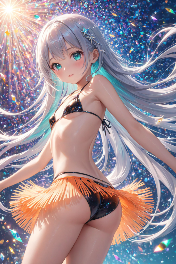 AIイラストで描かれた、スポーティーかつ華やかなフリンジ付きセパレート水着。銀髪のキャラクターによる、衣装デザインの形状リファレンスとポーズのアーカイブ。