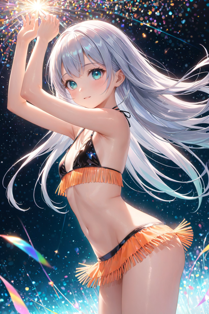 AIイラストで描かれた、黒とオレンジのコントラストが鮮やかなフリンジビキニを着用した「さみさん」。揺れるフリンジの動的な表現を追求した水着デザインの技術資料。