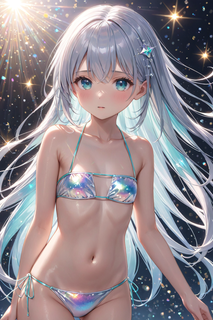 AIイラストで描かれた、ミニマルな眼帯ビキニ（スクエア型ビキニ）を着用した「さみさん」。衣装デザインの形状再現を目的とした、水着プロンプトの技術資料。