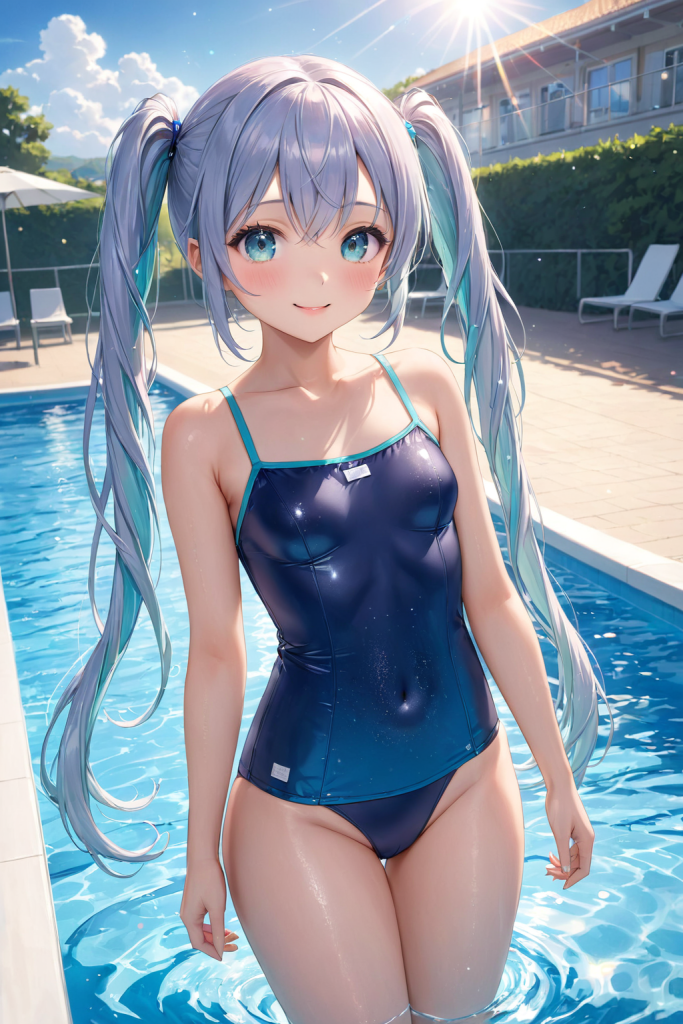 AIイラストで描かれた、ネイビーブルーの旧型スクール水着を着用した「さみさん」。屋外プールでの授業シーンをイメージした、水着デザインの技術資料。