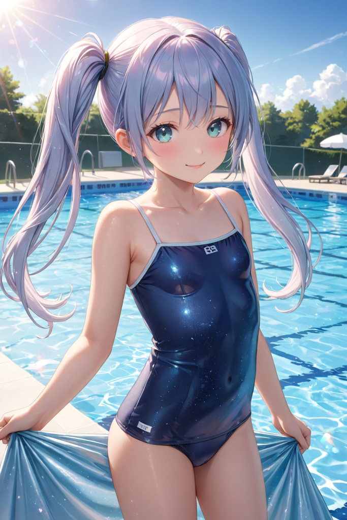 AIイラストによる、レトロな旧型スクール水着スタイルの前後全身像。胸元のネームタグなど細部を再現した、衣装デザインのプロンプト検証資料。