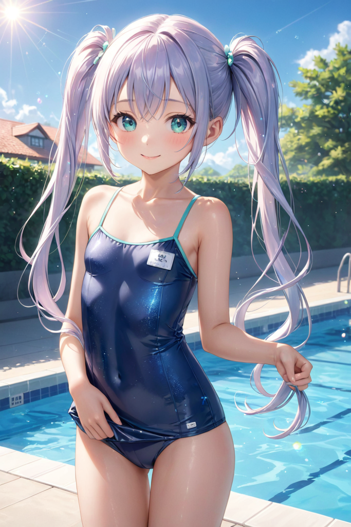 AIイラストで描かれた、スタンダードなネイビーのスクール水着。銀髪のキャラクターによる、特定の水着形状を再現するための形状リファレンス。