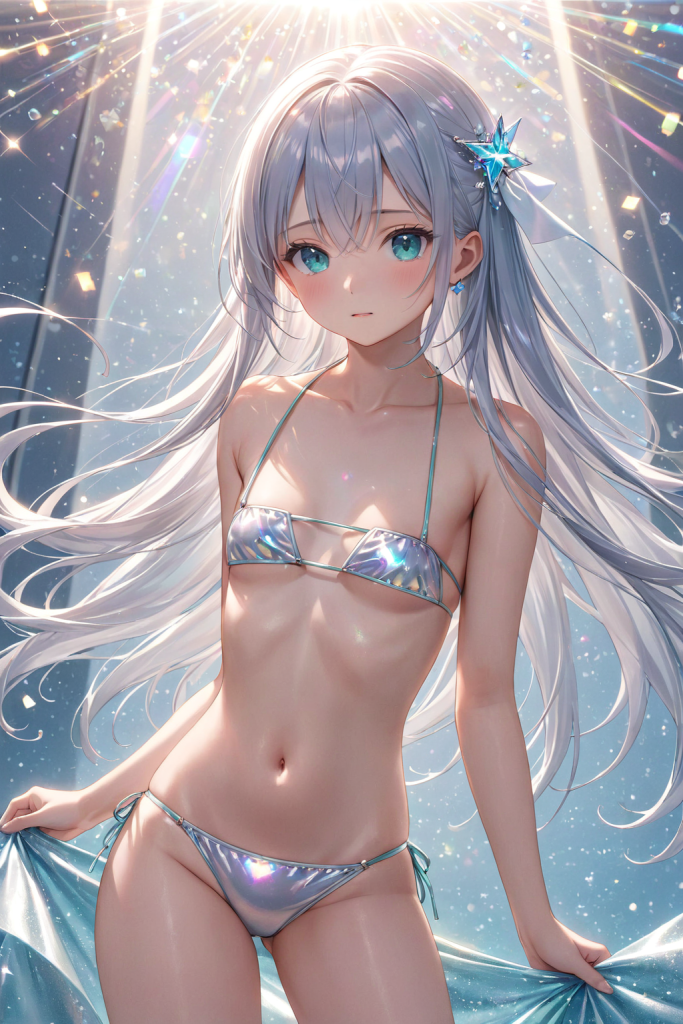 AIイラストで描かれた、極小の布地で構成されたミニマルなビキニスタイル。テクスチャの質感と形状の安定性を研究するための、衣装デザインリファレンス。