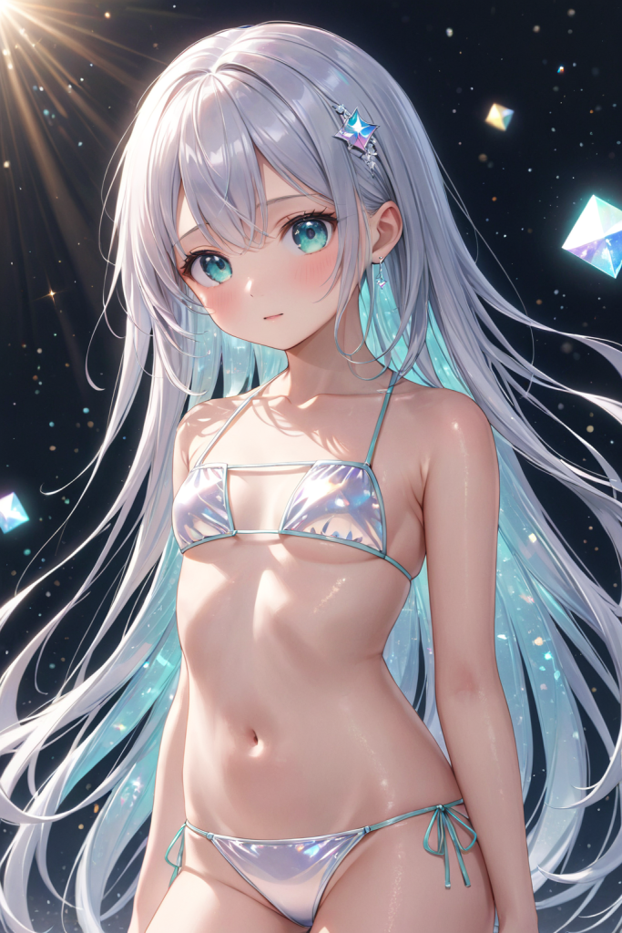 AIイラストによる、四角い形状のトップが特徴的なマイクロビキニスタイルの前後全身像。特定のデザイン形状をAIで描写するためのプロンプト検証資料。