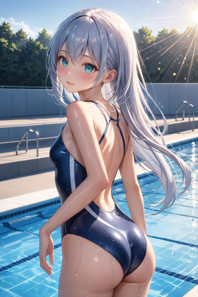 AIイラストで描かれた、機能美のあるローバックデザインの競泳水着。銀髪のキャラクターによる、スポーツウェアの形状リファレンスとアーカイブ。