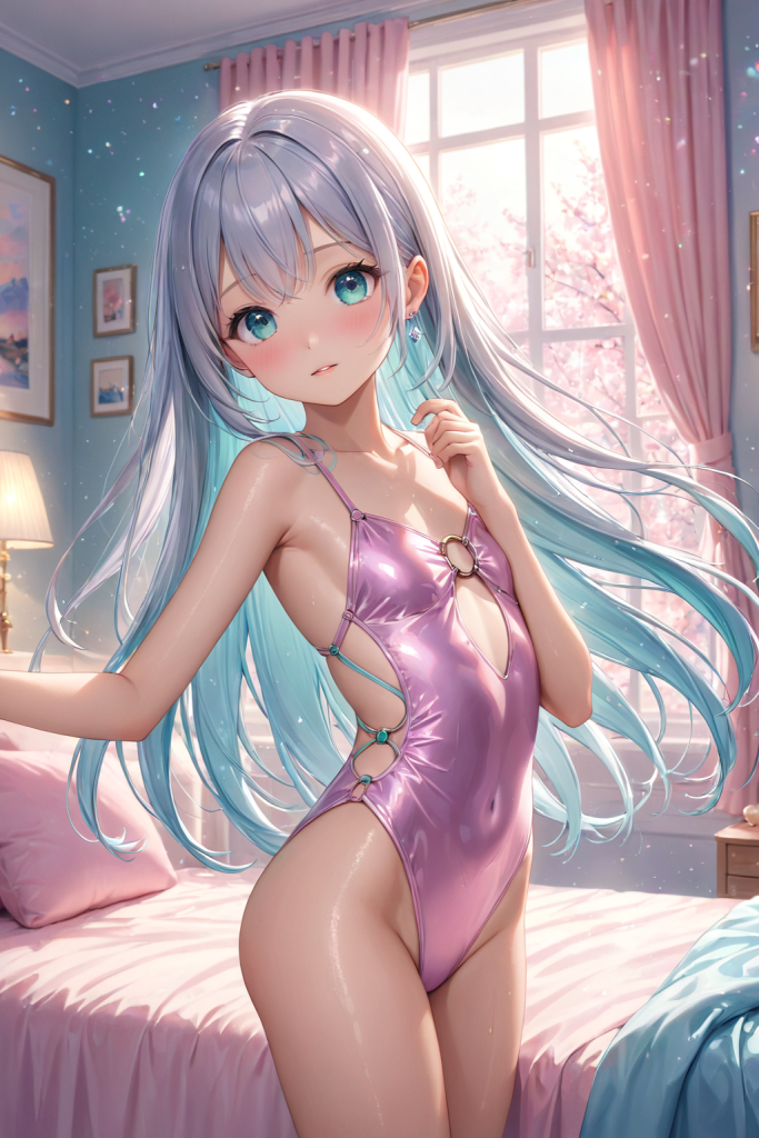 AIイラストによる、サイドのカットアウトが特徴的なピンクのモノキニの前後全身像。水着の形状再現と質感の質感を検証した、ビーチファッションのプロンプト検証資料。