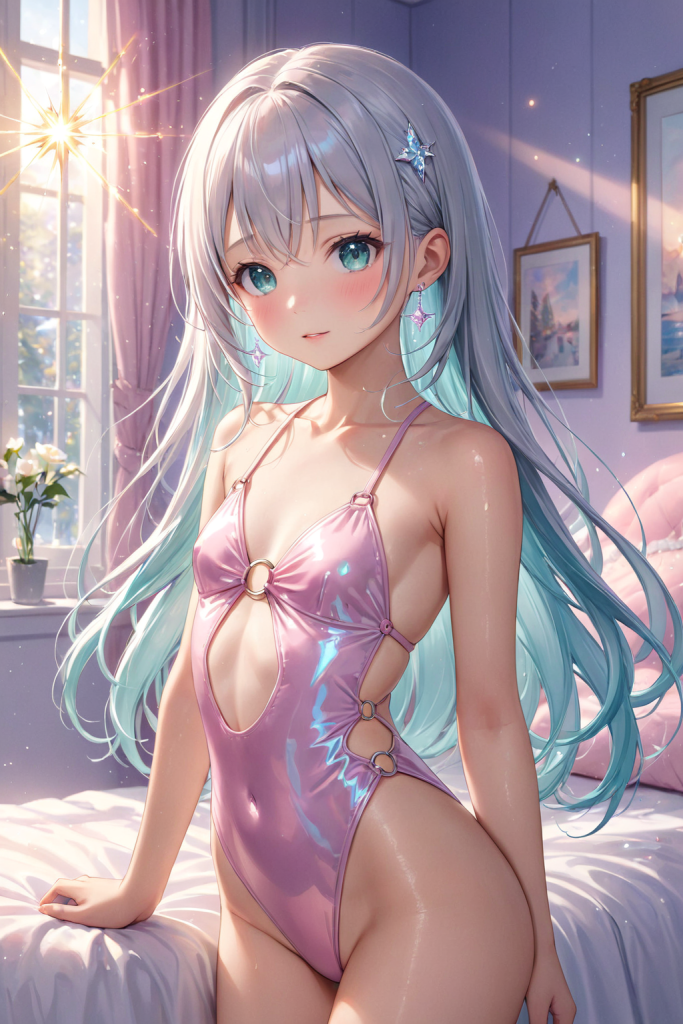 AIイラストによる、スポーティーかつドレッシーなピンクのモノキニ。複雑な衣装デザインの再現性を高めるための、プロンプト構成案アーカイブ。