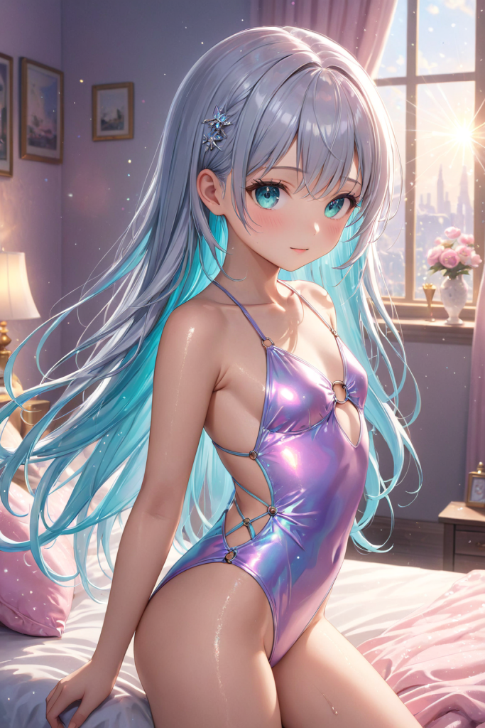 AIイラストで描かれた、フェミニンで可愛らしいピンクのモノキニスタイル。銀髪のキャラクターによる、衣装デザインの形状リファレンスとポーズのアーカイブ。