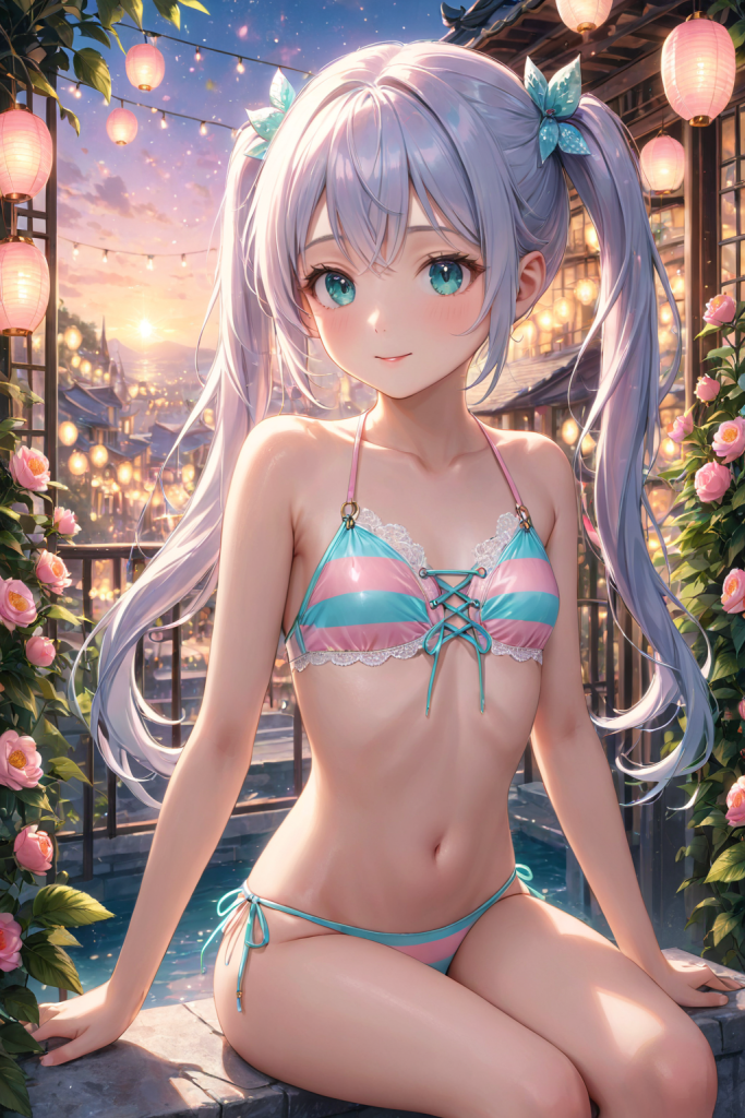 AIイラストによる、ミントグリーンとピンクのストライプ柄レースアップビキニ。幻想的な夜景をバックにした、ビーチファッションのプロンプト検証資料。