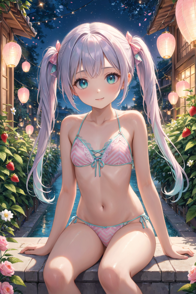 AIイラストで描かれた、ピンクストライプのレースアップビキニを着用した「さみさん」。胸元の編み込みデザインが特徴的な水着の技術資料。