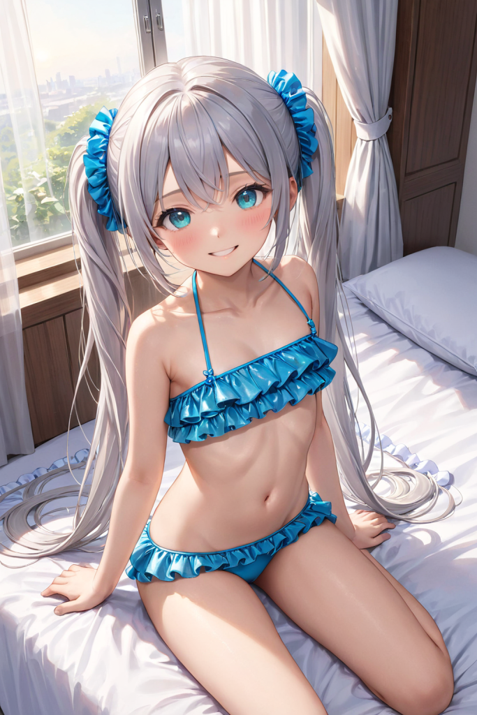 AIイラストで描かれた、バンドゥタイプのフリル付きフレアビキニを着用した「さみさん」。寝室で過ごす朝のシーンをイメージした、水着デザインの技術資料。